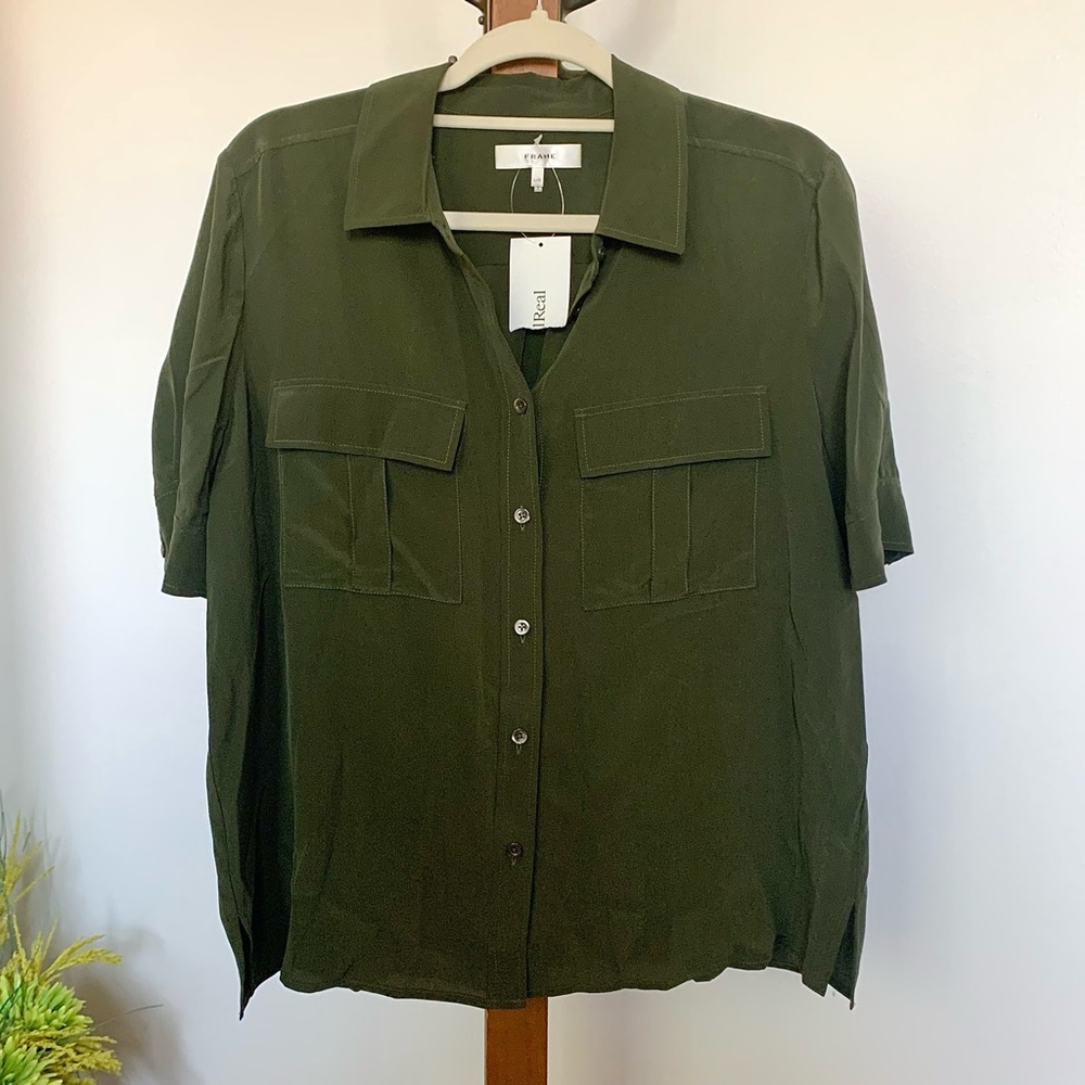 FRAME Silk Short Sleeve Flap Pocket Button Up Shirt Blouse Military Green LG - Picture 6 of 16